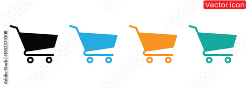 Colorful shopping cart icons in black, blue, orange, and green,Shopping icon set. Online shopping, store, delivery, promotion and shopping cart symbol. Solid icons vector collection.