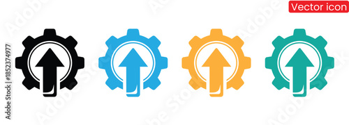 Colorful gear icons with upward arrows for growth concepts,Cogwheel icon set. Line and glyph gearwheel sign. Outline cogwheel mechanism symbol,Gear set. Gear icon. Setting icon. Gray gear wheel icons