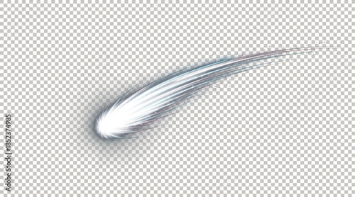 Realistic White Shooting Star Meteor or Comet Streak with Glowing Tail Isolated on Transparent Background for Creative Space Design Overlay.