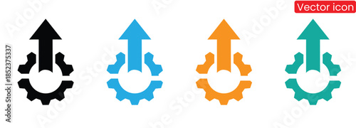 Colorful gear icons with upward arrows for business growth.Cogwheel icon set. Line and glyph gearwheel sign. Outline cogwheel mechanism symbol