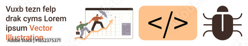 Collaboration, software development, technology, teamwork, debugging, growth planning. A team climbs a chart, code symbol in orange box bug icon. Collaboration and software development concept