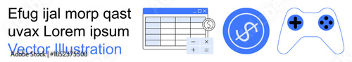 Financial data analysis, digital currency, gaming, technology tools, business planning, modern economy. Spreadsheet, dollar currency icon game controller. Financial data analysis and digital