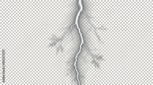 Realistic White Vertical Lightning Bolt and Powerful Electrical Discharge Strike Effect Isolated on Transparent Background for Weather Design Overlay.