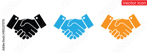 Handshake icons in black, blue, and orange for business partnership,Business agreement and handshake line and flat icons set. Friendly handshake icon for apps and websites,