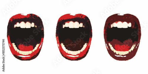 Three open mouths illustrated in a simple graphic and somewhat unsettling style