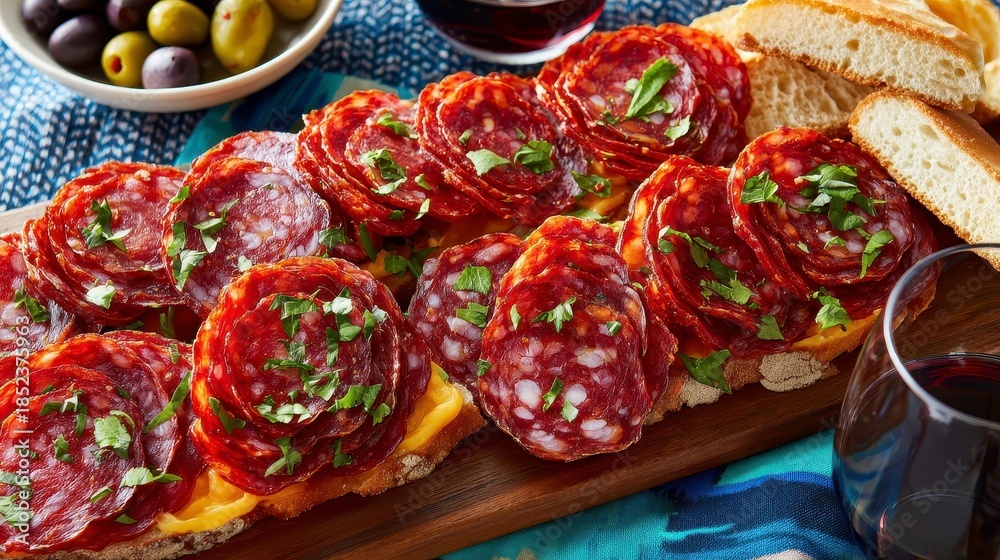 Fototapeta premium Chorizo Tapas Appetizer: Bread, Olives, Wine & Cheese