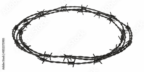 A circular frame constructed entirely from twisted sharp strands of black barbed wire