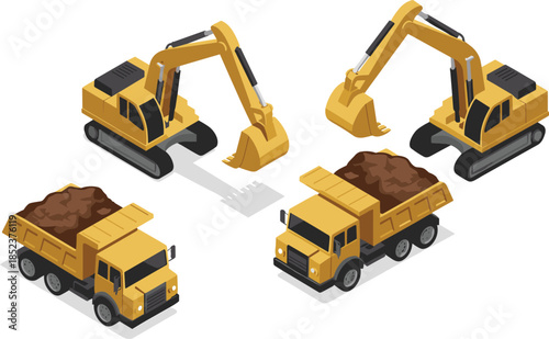 Construction excavator and dump truck illustration set, heavy machinery earthmoving equipment icons, building industry work vehicles vector