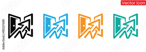 Colorful vector icons of arrows pointing to doors in four colors,Door icon set. Containing enter, exit, doorbell, knock, open door, home, closed door, pull and push symbol. Solid icons vector 