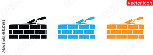 Colorful brick wall icons with trowel in hand,brick architect icon solid vector design in trendy style,Trowel leans against freshly laid brick. Icon Symbol Illustration