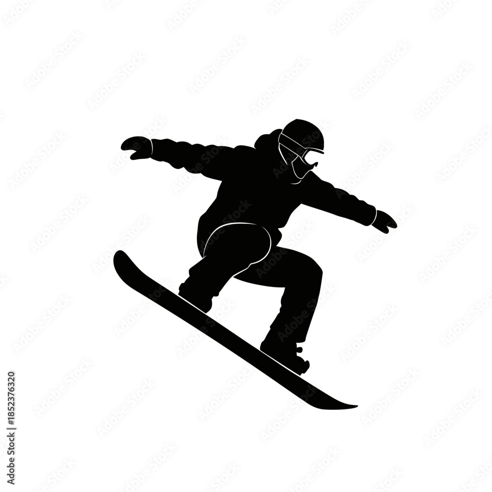 Fototapeta premium Energetic male snowboarder jumping high with flair, isolated white background.