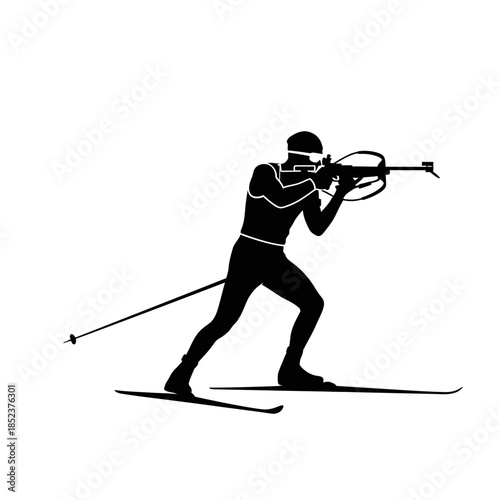 Male Biathlete in Action with Rifle and Skis, Isolated White Background