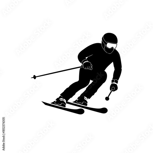 Male skier carving a sharp turn while performing downhill skiing, isolated white background.