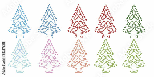 Colorful christmas tree shaped paperclips arranged in a neat grid pattern