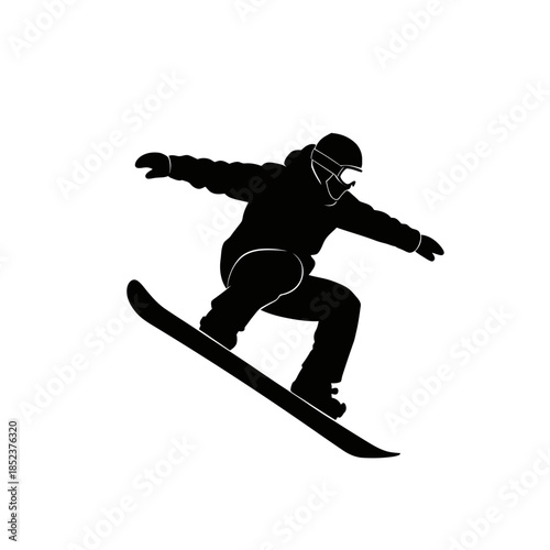 Energetic male snowboarder jumping high with flair, isolated white background.