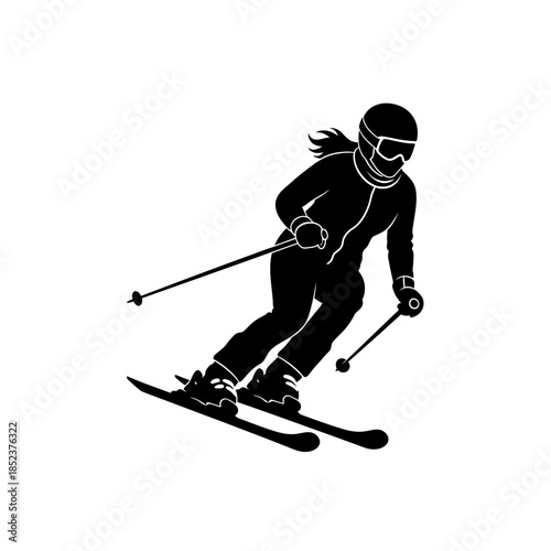 Dynamic female skier carving a turn while downhill skiing, isolated white background.