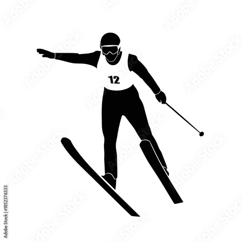 Male slalom skier navigating gates with focused determination, isolated white background.