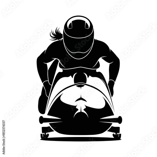 Female bobsledder in a bobsled ready for a race, isolated white background.