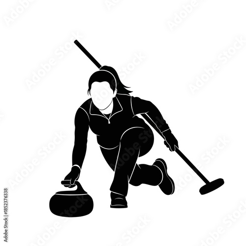 Female curler sweeping the ice with a broom during a curling game, isolated white background.