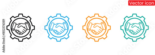 Partnership gears icons in four color variations,handshake gear logo , business logo,Deal Services logo template. A combination of a handshake, gears, and a wrench. It represents partnership,