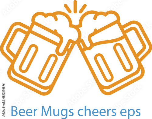 Two Frothy Beer Mugs Clinking Cheers Toast - Minimalist Line Art Vector Icon