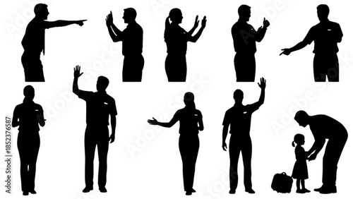 Collection of diverse silhouettes of people performing various communicative gestures, directions, and interactions