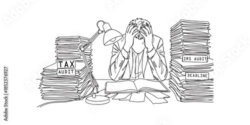 Continuous line drawing of stressed businessman overwhelmed by tax audit and deadlines.
