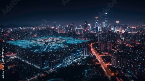 Wallpaper Mural Aerial view of a modern city skyline at night with illuminated buildings and roads. Torontodigital.ca