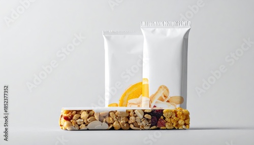 Energy bar with ingredients against two white, blank packaging pouches