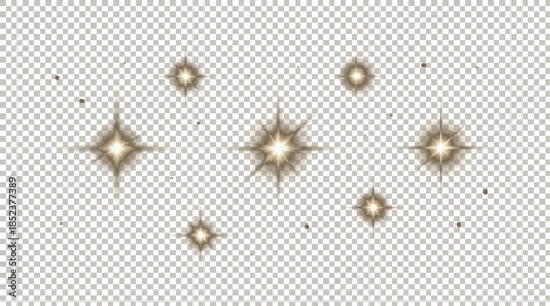 Golden Sparkling Star Light Effects and Radiant Twinkling Glowing Particles Isolated on Transparent Background for Festive Luxury Design Overlay.