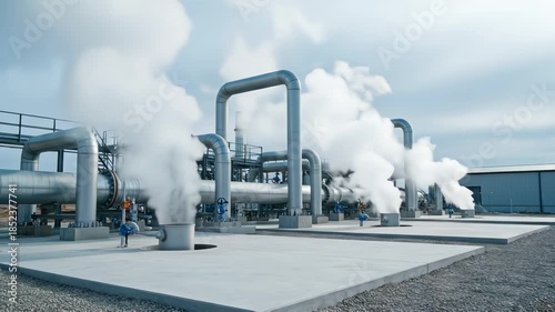 Static wide shot of steam gently rising from geothermal vents in a controlled energy facility. Minimal industrial environmental realism in soft overcast daylight 4K UHD