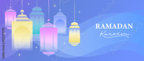 
Ramadan Kareem colorful background composition with lanterns. Islam design elements. Holy month greetings.