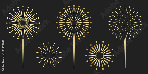 Golden firework displays with varying burst patterns on a dark background