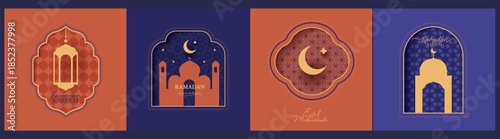 Islamic, oriental frame, silhouette. Paper cut style. Geometric arabian backgrounds. Ramadan Kareem concept. Mosque, moon, stars, lantern, ornaments, patterns, calligraphic sign.  