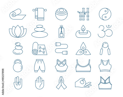 Yoga equipment collection. Yoga line icons set. Simple vector icon in modern thin line style. Vector illustration.