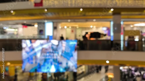 Blurred people' activities and LED screen in shopping mall.	