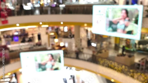 Blurred people' activities and LED screen in shopping mall.	