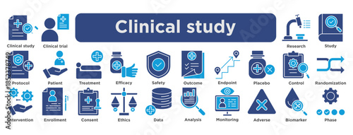 24 editable blue "Clinical Study" icons . Covers trial, protocol, patient, safety and data. Ideal for medical research presentations, reports, or educational materials. solid vector