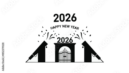 Celebrate the arrival of 2026 with festive confetti cannons and a grand gateway welcoming the new year.