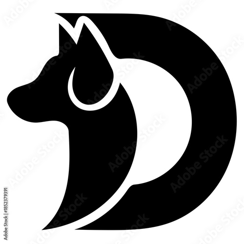 Stylized dog head in bold black and white graphic design