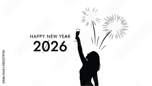 Woman celebrating new year with champagne and fireworks against white background