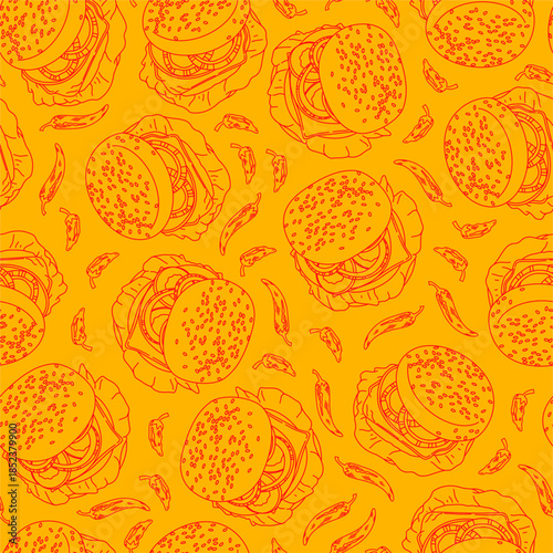 doodle burger pattern background. doodle fast food burger seamless pattern background. seamless pattern of burger in doodle style. Seamless Pattern of a Cheese Burger or Hamburger. hamburger pattern.