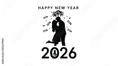 Couple shares a romantic New Year's Eve kiss under mistletoe, celebrating the arrival of 2026.