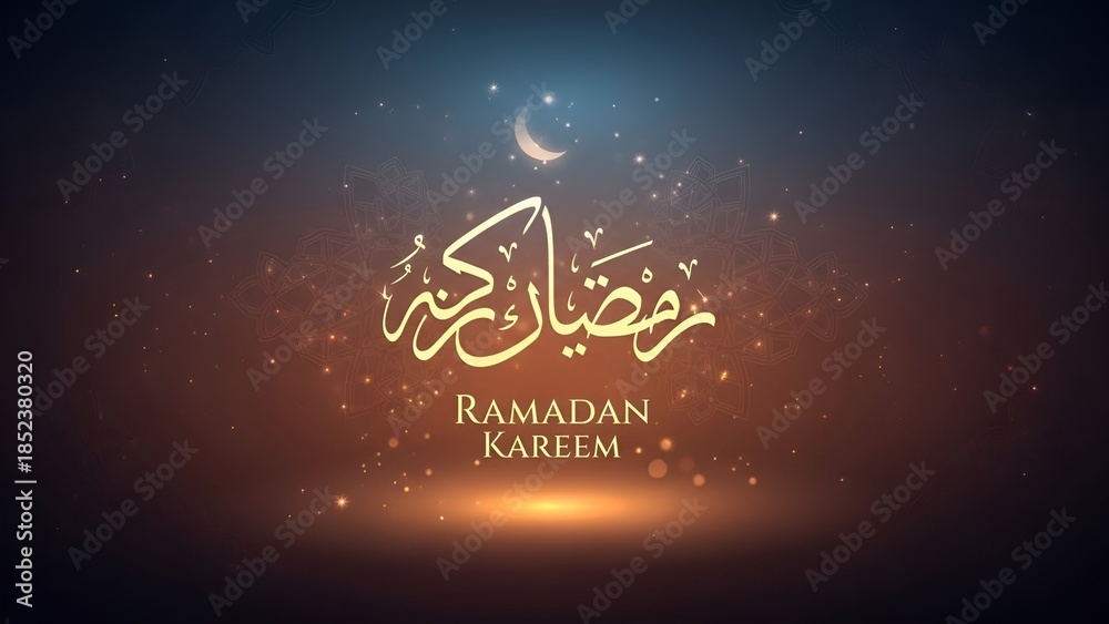 Fototapeta premium Ramadan Kareem calligraphy with moon and sparkling lights on a dark gradient background