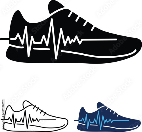 Gym health care symbol visual  jogging or running shoes with a heartbeat line graphic symbolize footwear, athletic, sneaker, exercise, health, cardio, pulse, electrocardiogram