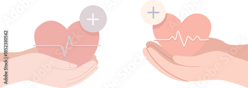 Hand holding hearts with electrocardiogram lines and plus signs symbolizing health and care ,help, assistance, receiving, medicine, wellness, safety, protection, healing, treatment, first, aid, emerge