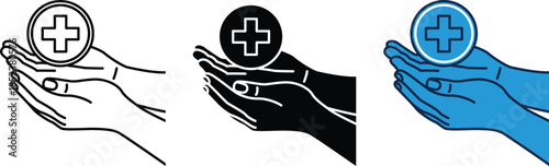 Health care and support symbol visual hands holding medical cross sign symbolize help, assistance, receiving, medicine, wellness, safety, protection, healing, treatment, first, aid, emergency