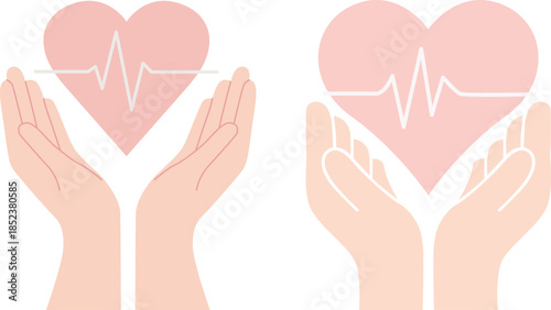 Health care and support symbol visual hands cradle pink hearts with a heart rhythm line symbolizing protection, comfort, safety, healing, aid, assistance