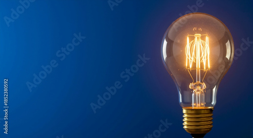 An illuminated vintage light bulb glowing against a dark blue background. A concept for idea, creativity, and innovation with copy space