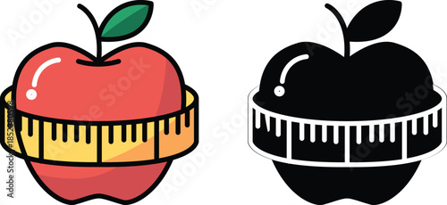 Dieting and fitness symbol visual of an apple with a measuring tape symbolize health, diet nutrition, wellness, exercise, weight, loss, measurement